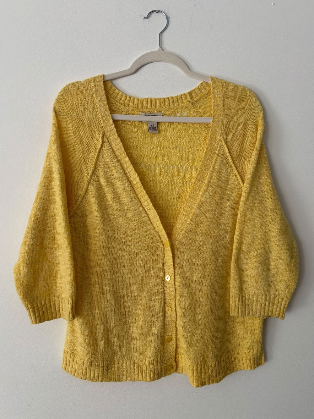 Mudd Womens XL Yellow Pointelle Knit Button Front Cardigan Sweater 3/4 Sleeve